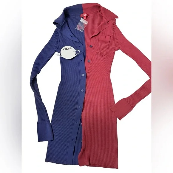 Staud Top Colorblock Ribbed Knit Shirt | Navy & Brick Red NTW - Picture 4 of 8